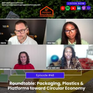 Podcast roundtable with Megan Young Gamble, Ryan Fox, Nicole Toole, and Emily Friedman discussing packaging, plastics, and circular economy – Episode 48 of Product & Packaging Powerhouse.