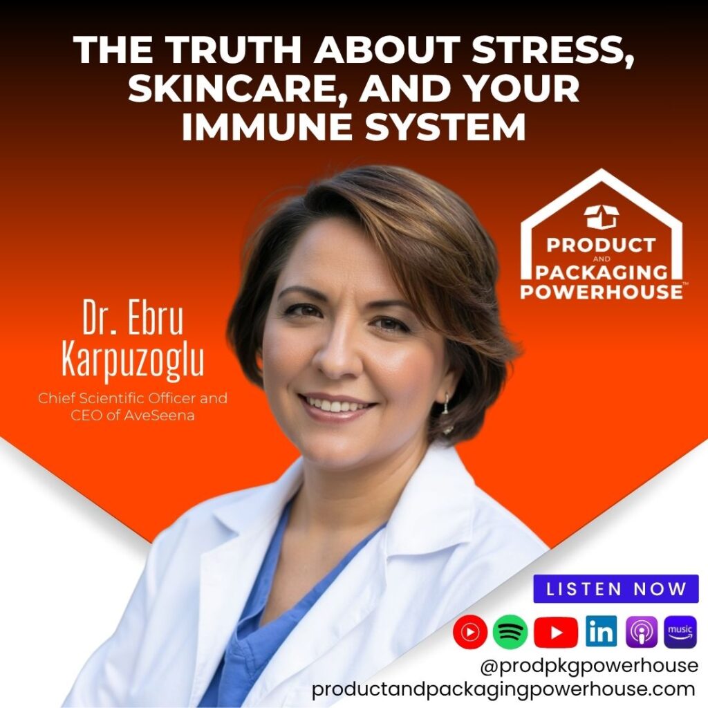 Promo graphic for Product & Packaging Powerhouse Episode 49 featuring Dr. Ebru Karpuzoglu, an immunologist, molecular medicine expert, wellness coach, and founder of AveSeena and ChicScience Labs, discussing inflammaging, Skincare, and Science.